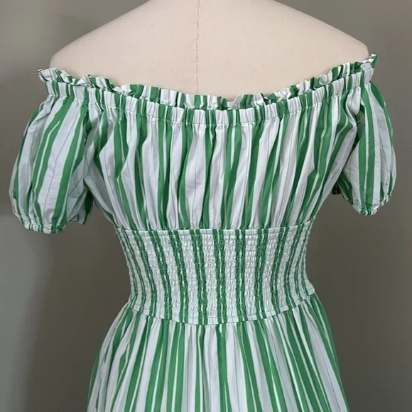 eShakti Wayward Fancies Off-theshoulder Stripe Cotton Poplin Smocked Waist Dress - Picture 3 of 11